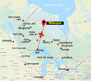 Map showing charter flight route from Thunder Bay To Webequie, Ontario